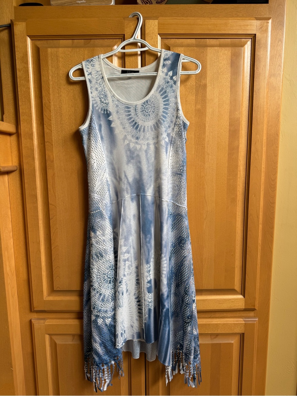 Sleeveless Blue Tie-Dye Fit & Flare Dress with Fringe